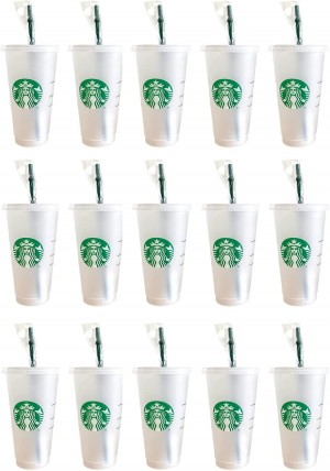 Starbucks 15 Pack Bundle - Reusable Frosted 24 Oz Cold Cup With Lid And Green Straw W/Stopper Green | 754WKFINX